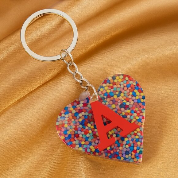 Personalized Resin Heart Keychain – Red “A” Initial with Confetti Beads Charm - Picture 1 of 8